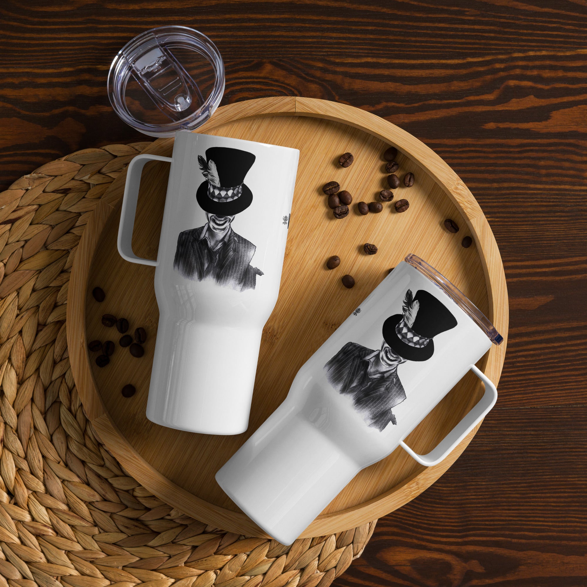 Voodoo Spirit Grinning travel mug with a handle